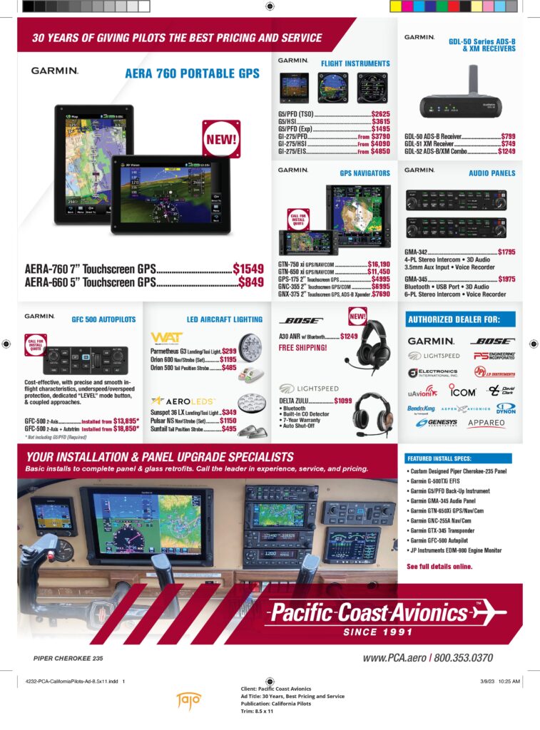 Pacific Coast Avionics brochure showing Garmin devices